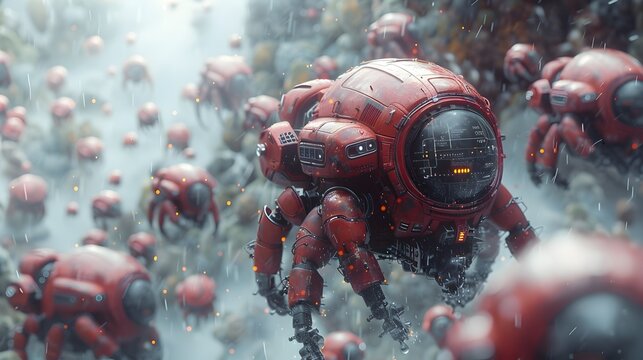 Swarm of Futuristic Red Robotic Mechs Exploring an Alien Digital Landscape