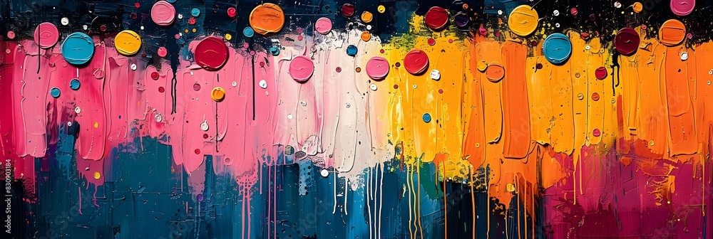 Poster vibrant abstract expressionistic acrylic painting with flowing shapes and bursts of colorful splatte