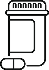 Line drawing icon of a medical pill bottle with one tablet outside, isolated on white