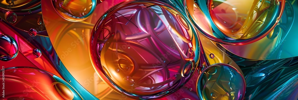 Poster vibrant abstract spheres of colorful glass reflecting captivating optical illusions and surreal visu