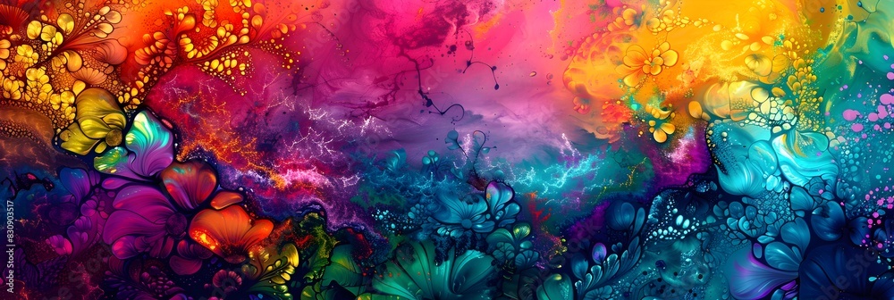 Poster vibrant and captivating cosmic dreamscape bursting with color texture and intricate details
