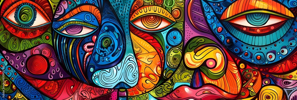 Aufkleber vibrant and eclectic psychedelic digital art with surreal faces and patterns