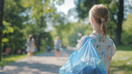 Backview of young student volunteer worker gathering plastic garbage outdoors