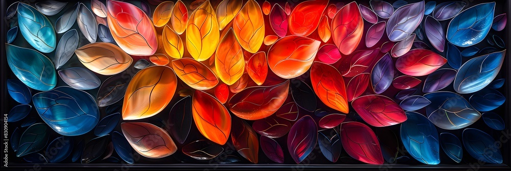 Fototapete vibrant autumn leaves forming a mesmerizing abstract floral pattern with contrasting colors and over