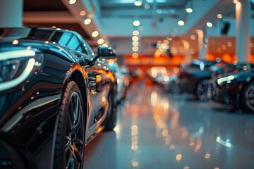 Obraz premium Shiny luxury cars are lined up in an auto showroom, reflecting the ambient lighting and highlighting their sleek designs