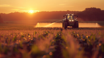 Naklejka premium tractor spraying pesticides on an agricultural field