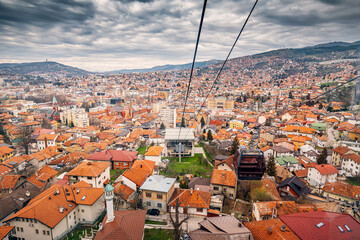 beauty of Sarajevo's landscape from the aerial viewpoint of the cable car, with old town rooftops
