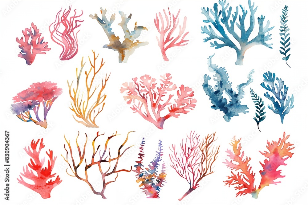 Wall mural a collection of watercolor corals and seaweeds on a white background - Wall murals