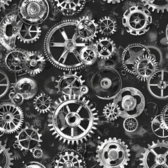 A black and white image of many gears and cogs