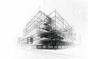 A black and white wireframe drawing of a modern architectural concept for a building