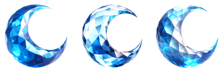 3D crystal crescent moon gemstone, reflective facets in varying shades of blue
