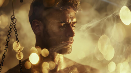 Man in the image of a zodiac sign Scales on blurred background