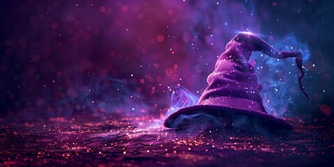 a wizard hat sitting on top of a purple floor and a purple background with stars