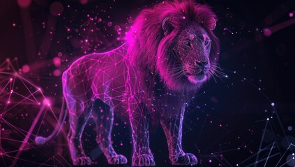 a image of a lion standing on a rock with a pink light