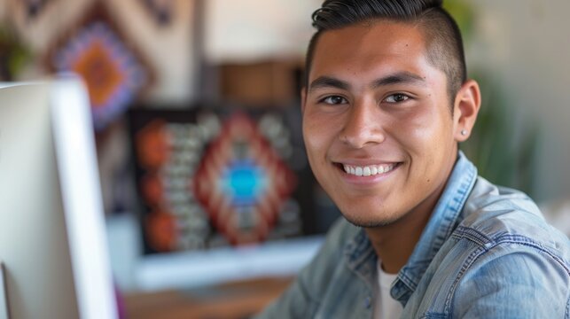 Native American Man Smiling in Office, Computer Desk Background, Ethnic Design, Diversity Concept, Professional Environment