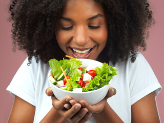 Smile, wellness and woman with bowl of salad for health, fresh and detox lunch meal with...
