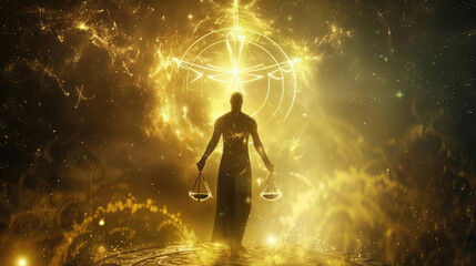 Man in the image of a zodiac sign Scales on blurred background