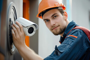 Young professional electrician in a hard hat confidently installing a modern surveillance camera on a building's exterior wall
