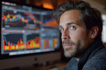 Obraz premium An investor analyzing financial charts on a computer screen, with various graphs and data points indicating market trends.