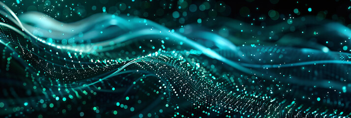 Abstract background with a glowing turquoise wave and green dots on a dark black backdrop