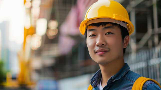 Confident asian construction worker. Portrait of a young Asian construction worker wearing a hard hat at a construction site.