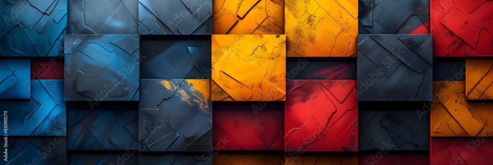 Poster vibrant geometric mosaic composition with contrasting colored cubes and blocks