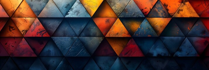 Vibrant Geometric Mosaic of Triangles and Polygons in Warm and Cool Tones Creating a Dynamic and Captivating Abstract Digital Background