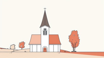 Minimalist Church Illustration with Autumn Trees