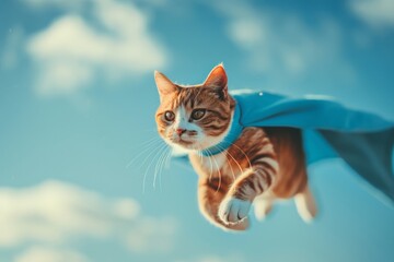 Obraz premium a orange cat in fashionably adorned with a blue cape, gracefully takes flight against a backdrop of azure skies, captured in a chic photographic style.