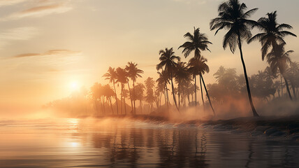 palm trees, panorama landscape sunny morning on the tropical seashore in a light fog