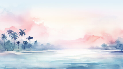 minimalism, simple watercolor illustration of palm trees, landscape sunny morning on a tropical seashore in delicate light pink and soft blue tones