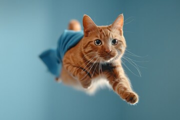 Obraz premium a orange cat in fashionably adorned with a blue cape, gracefully takes flight against a backdrop of azure skies, captured in a chic photographic style.