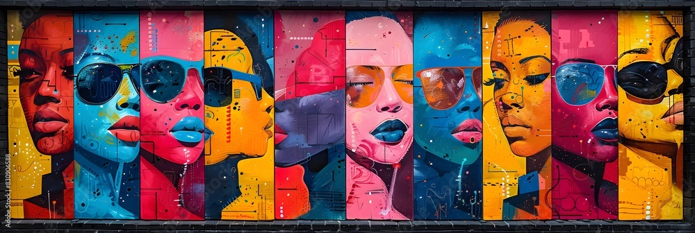 Aufkleber Vibrant Mural Depicting Expressive Abstract Faces with Bold Colors and Patterns