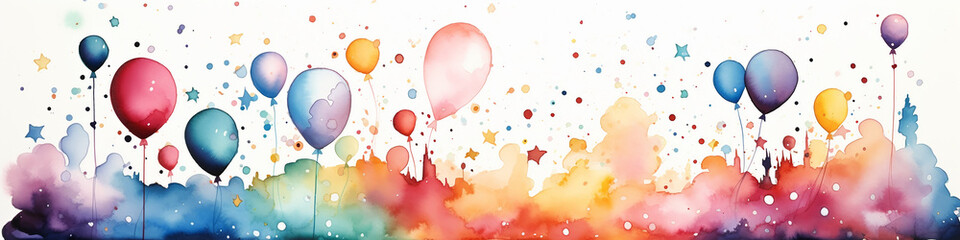 festive watercolor background children's holiday decoration with colorful balloons, long narrow panoramic view