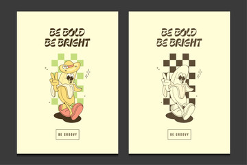 Retro posters or graphic t-shirt template with banana cartoon mascot character, vector illustration