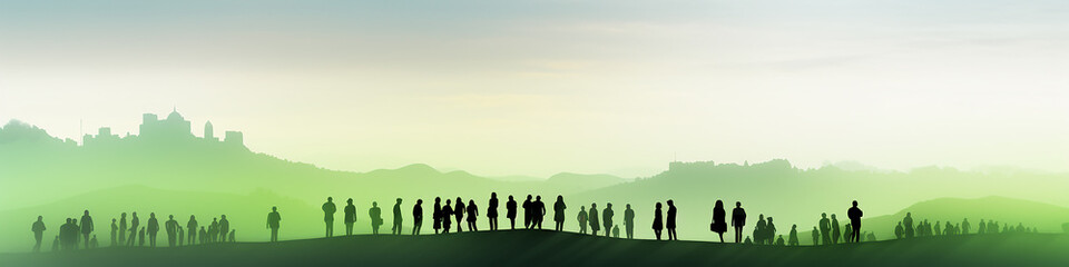 green planet, long narrow panoramic view row of abstract silhouettes of people against a green eco landscape, eco-friendly