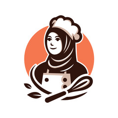 Hijab Chef Logo. Beauty  Female Muslimah use scarf in Kitchen. Vector Illustration Design. Perfect for T-shirt, Emblem, Business, Fast Food, Culinary Brand, Restaurant, Catering, Food and Beverages