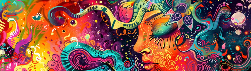 Aufkleber vibrant psychedelic dreamscape of fluid organic forms and swirling cosmic patterns