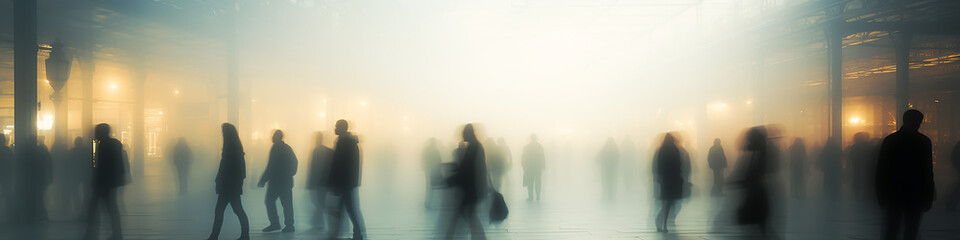 crowd of people in blurry motion in the fog of a city street, long narrow panoramic view, abstract background, urban smoke, concept social issues