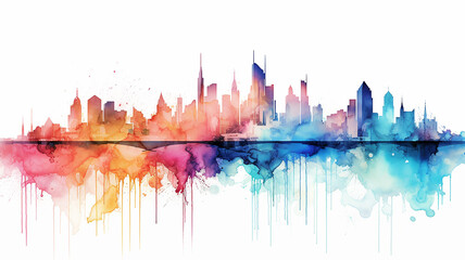 multicolored spectrum silhouette of the city, watercolor illustration on a white background, cityline liquid paint, isolated print