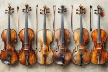 Naklejka premium A row of antique violins against a white wall showcasing their aged wood and craftsmanship