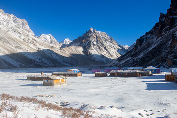 A Sherpa village of small wooden houses in a snowy mountain valley between Nepal and Tibet border.
