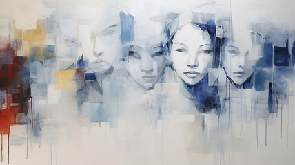 portrait of a group of people of Asian appearance, oriental style, art work impressionism painting, white and blue shade