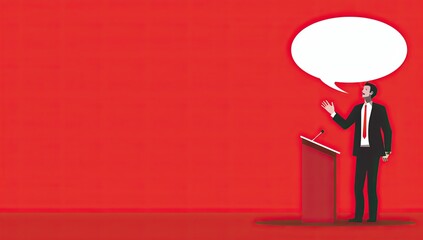 a image of a man in a suit standing at a podium with a speech bubble above his head