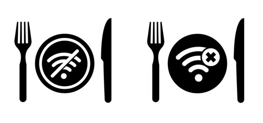 Plate, fork and knife icon. Food symbol. No wifi or Wi-Fi. No WiFi signal during dinner. Eating, ready to eat healthy food. Vector logo  for breakfast, lunch meal service concept.