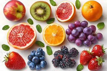Naklejka premium Assorted Fresh Healthy Fruits and Berries on White Background