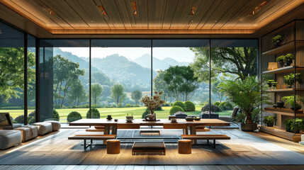 Fototapeta premium Natural blue shade dining room of a house resort by green grassland