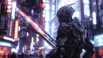 A futuristic warrior armed with a plasma spear: In a neon-lit city of the future, a cybernetically enhanced warrior strides confidently through the bustling streets. Clad in sleek, armor-plated exoske