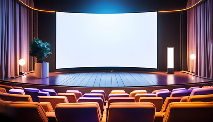 a mockup of a cinema screen, capturing the immersive experience of a movie theater with vibrant colors and realistic seating