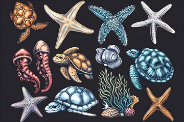 Diverse Assortment of Captivating Sea Creatures Depicted in Vibrant